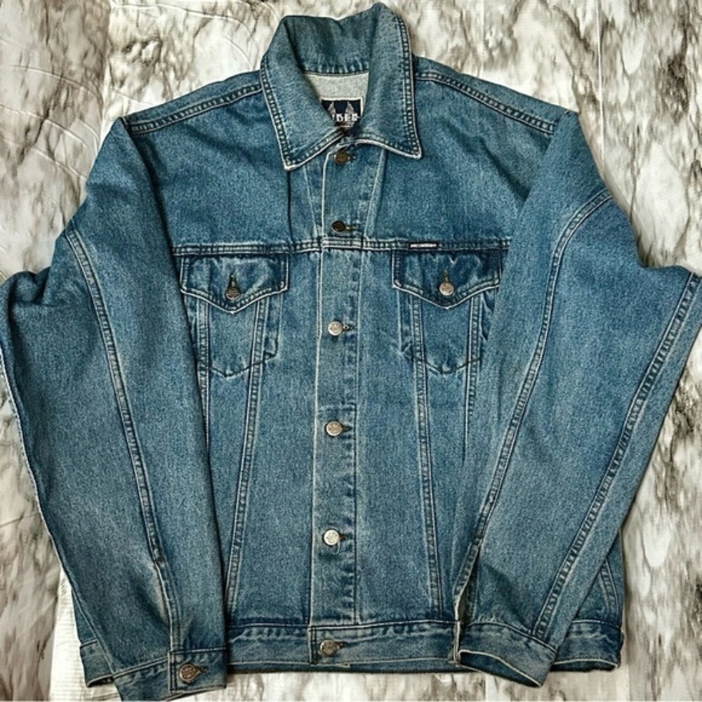 Harley Davidson Blue Jean Denim Trucker Jacket Bikercore Back Patch Classic